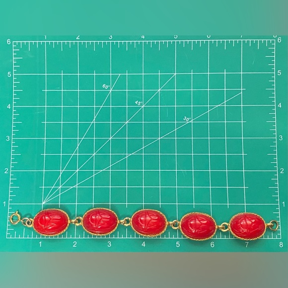 Vintage Red Czech Glass Egyptian Scarab bracelet beetle MCM costume jewelry - Picture 12 of 13